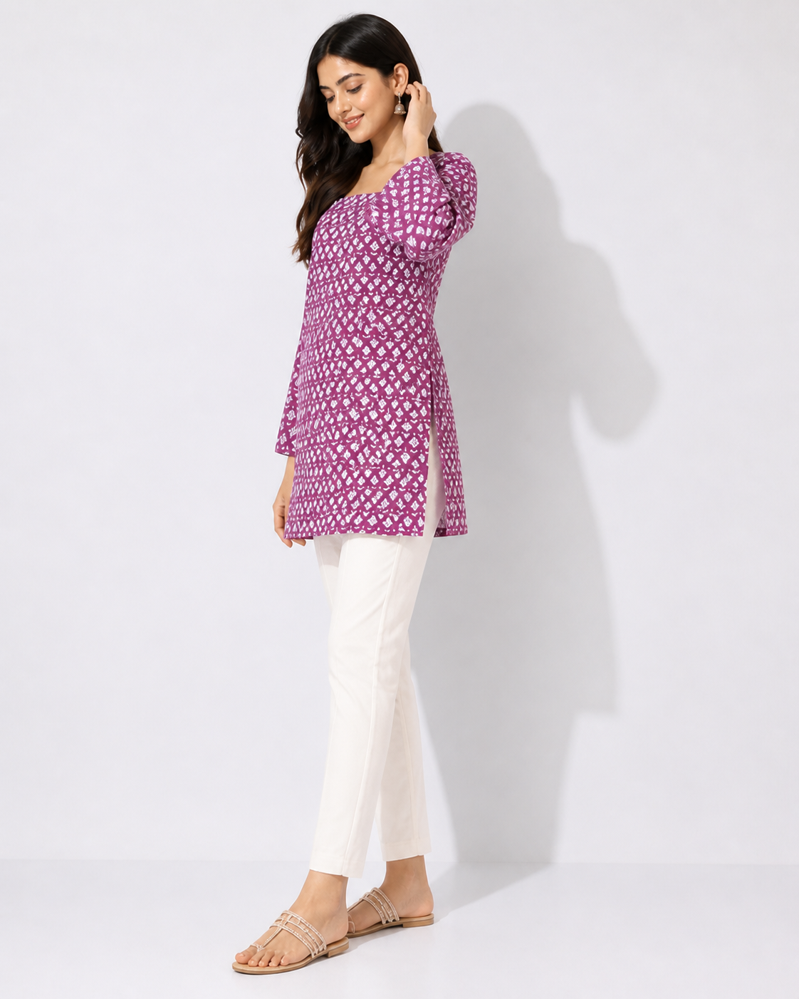 Purple Printed Square Neck Short Kurta
