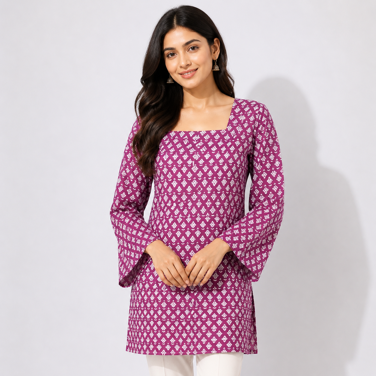 Purple Printed Square Neck Short Kurta