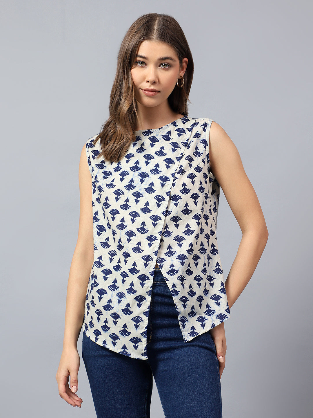 Printed Asymmetric Sleeveless Top
