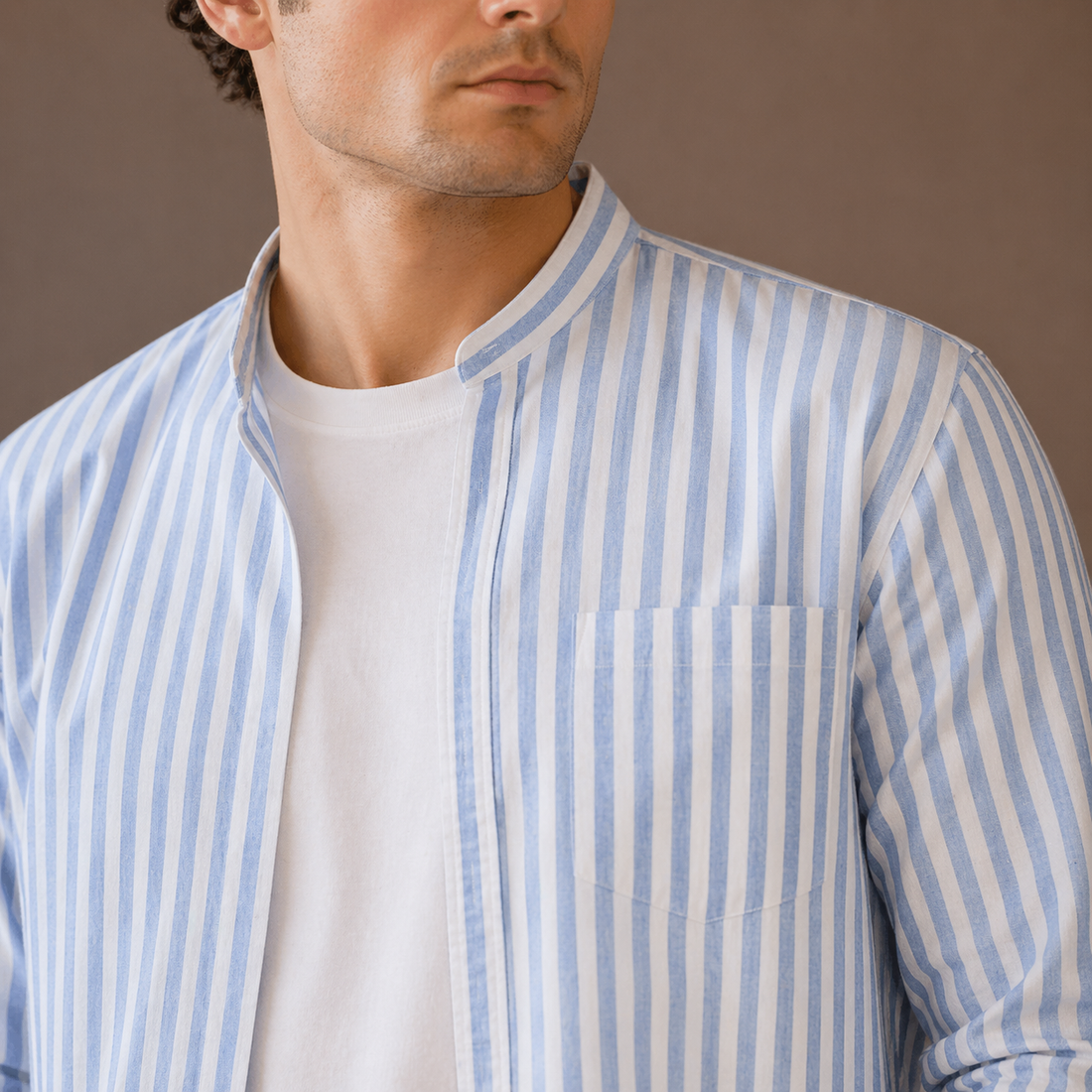 Men’s Blue Striped Mandarin Collar Shirt