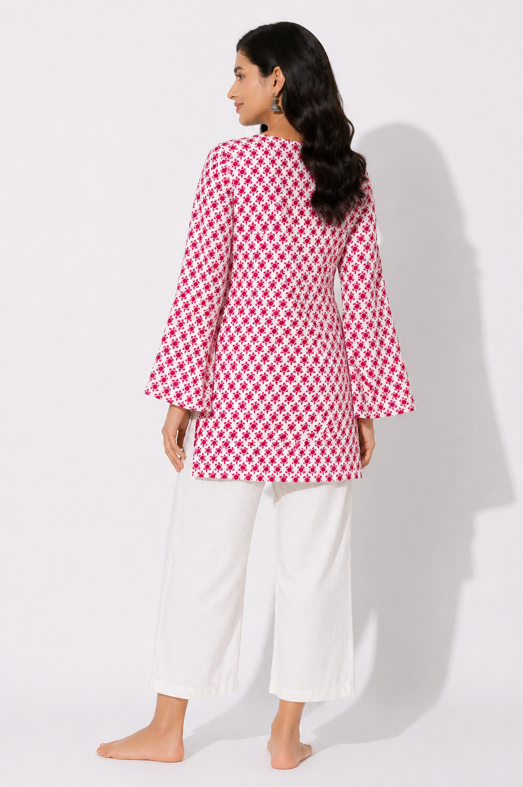 Pink Printed Bell Sleeve Short Kurta