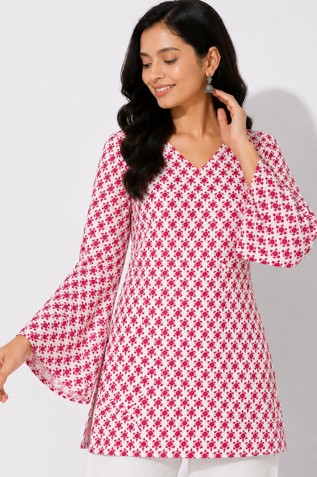 Pink Printed Bell Sleeve Short Kurta