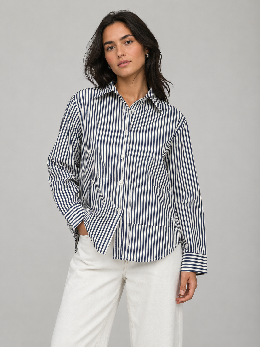 Women’s Navy Blue Vertical Stripe Relaxed Shirt