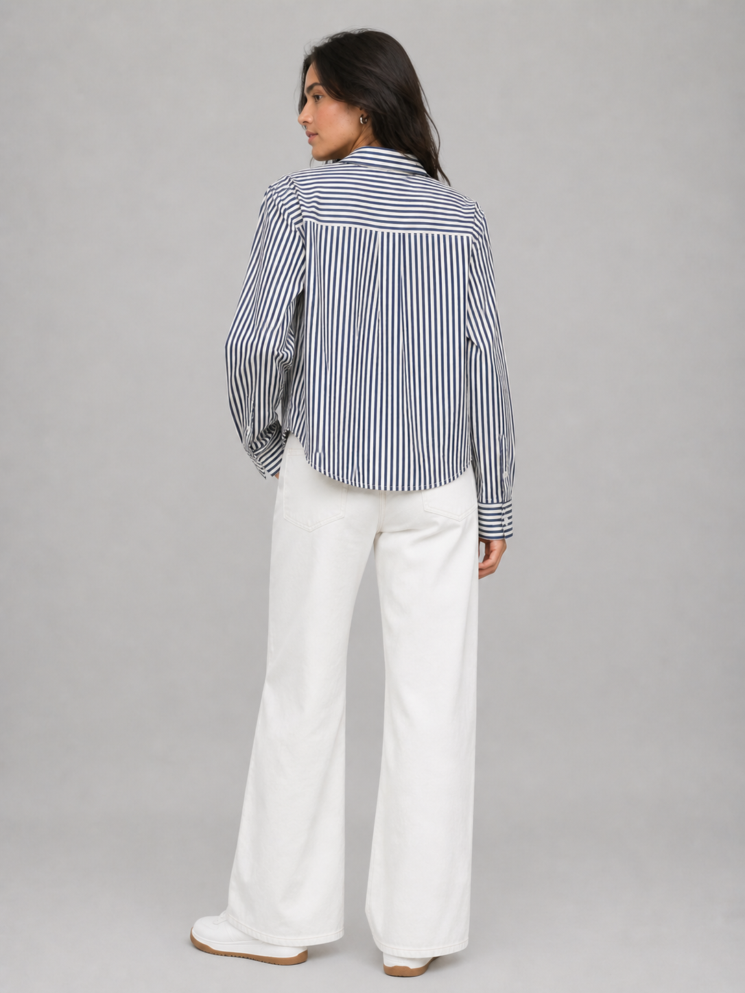 Women’s Navy Blue Vertical Stripe Relaxed Shirt