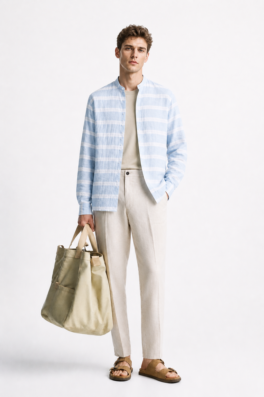 Men’s Sky Blue Striped Mandarin Collar Shirt