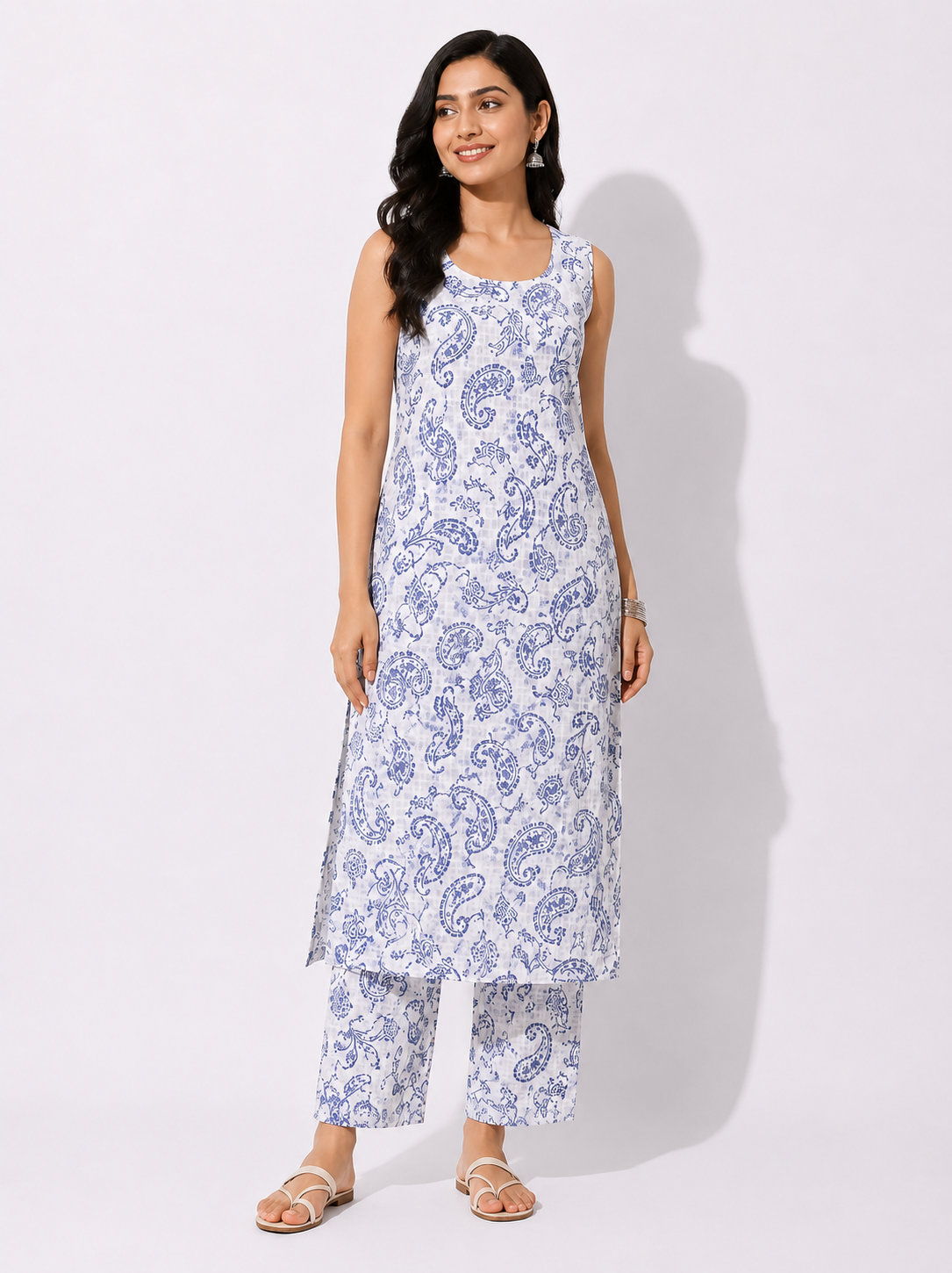 Blue Paisley Printed Sleeveless Kurta Pant Set