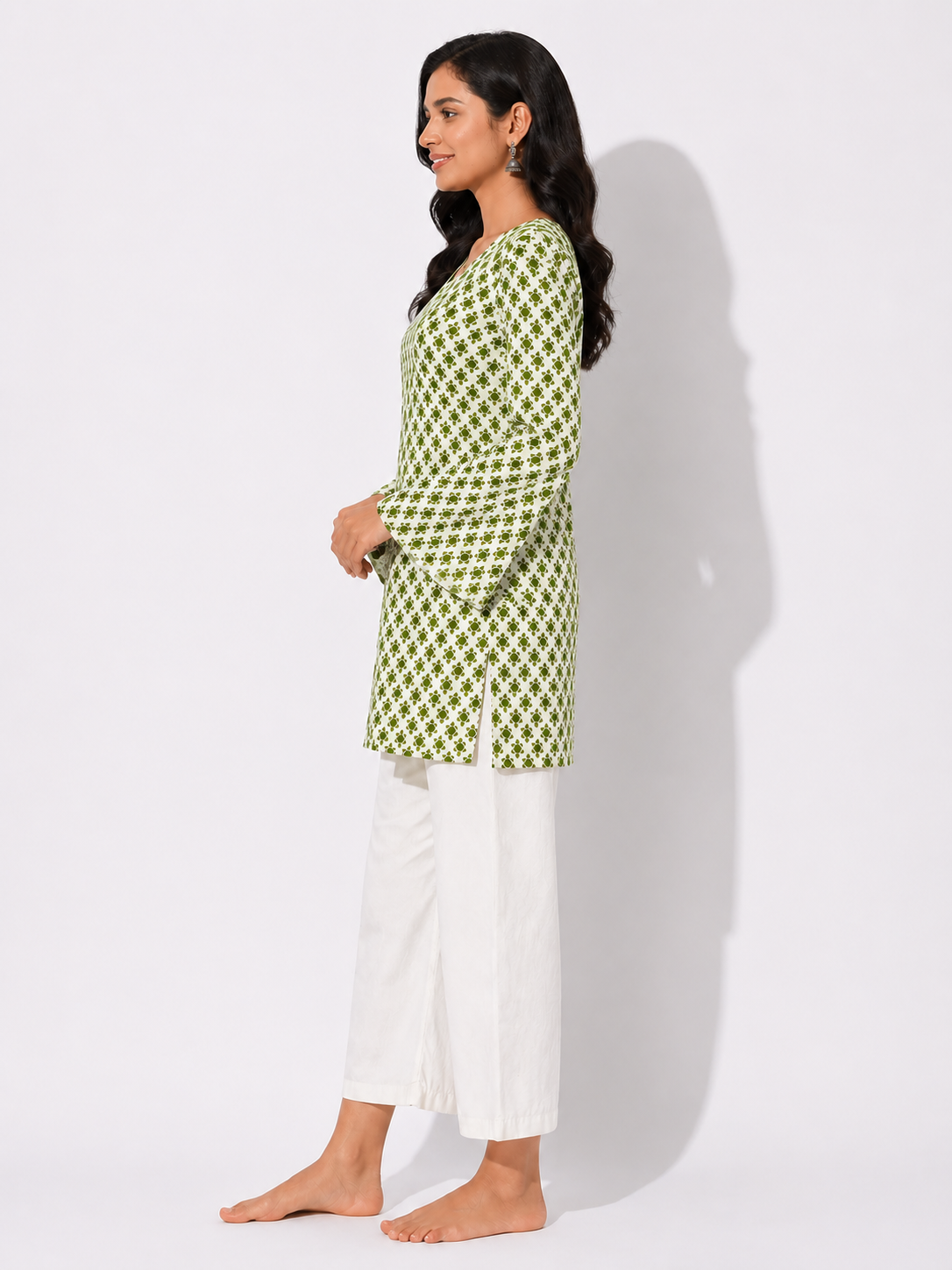 Green Printed Bell Sleeve Short Kurta