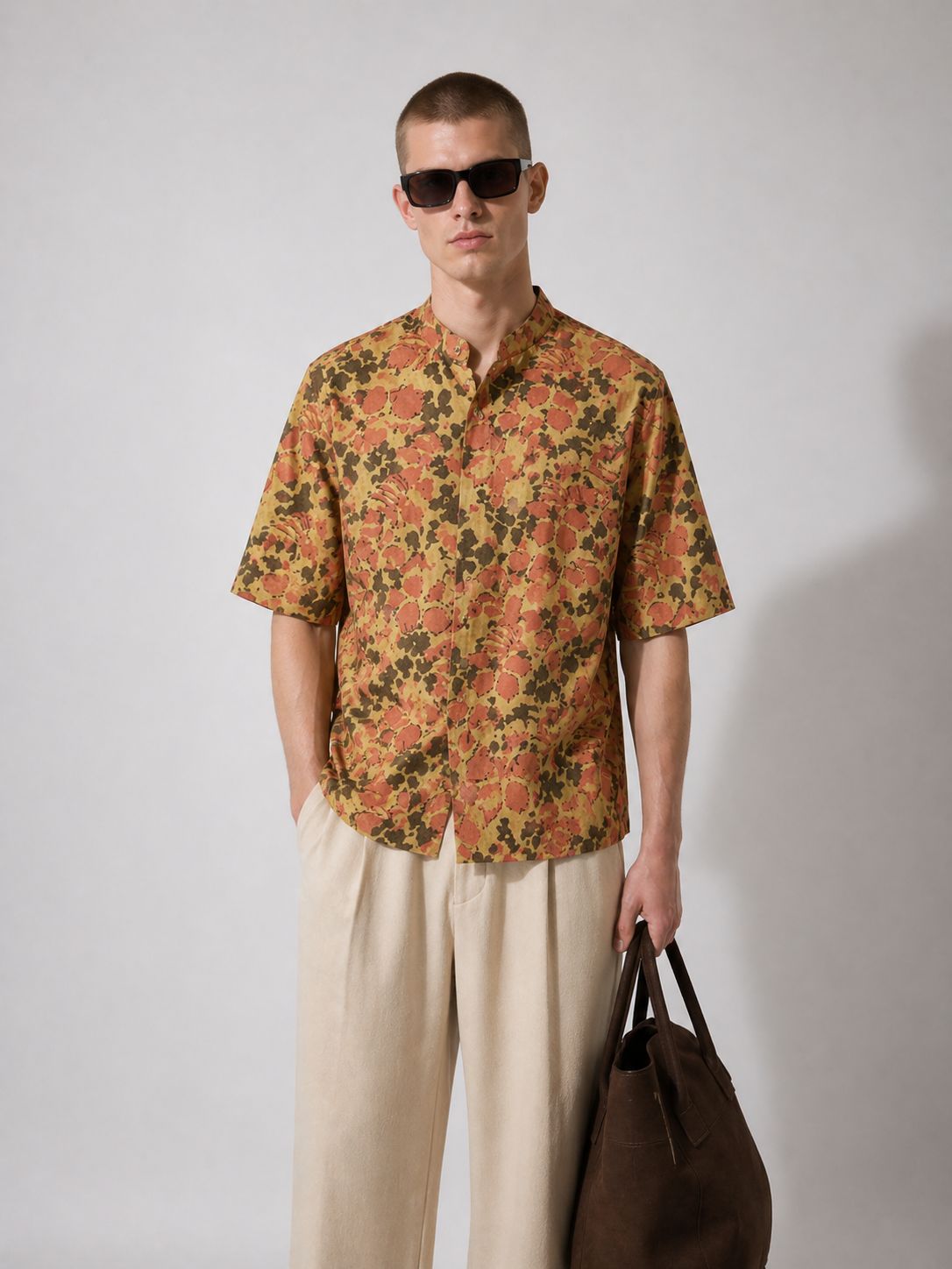 Men’s Mustard Floral Printed Mandarin Collar Shirt