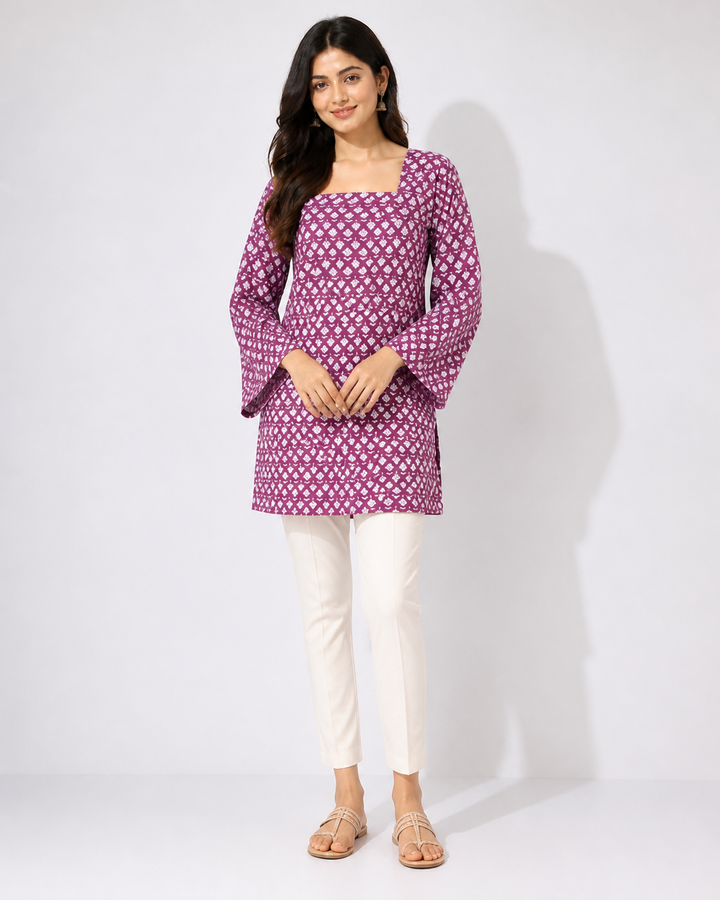 Purple Printed Square Neck Short Kurta