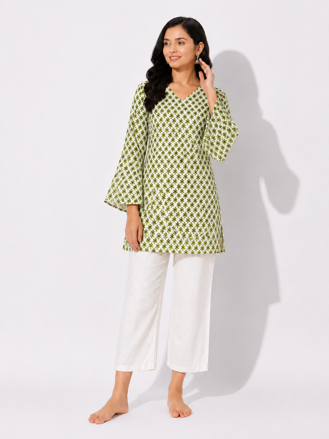Green Printed Bell Sleeve Short Kurta