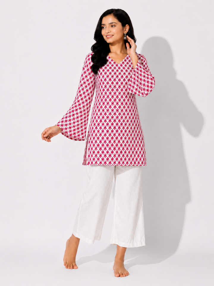 Pink Printed Bell Sleeve Short Kurta